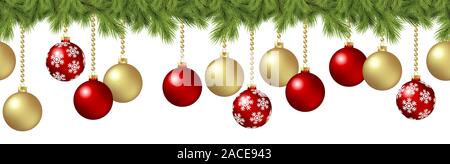 EPS 10 Vektor nahtlose Hintergrund Konzept mit Tannenzweigen und hängenden roten und goldenen Christbaumkugeln Stock Vektor