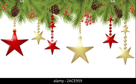 EPS 10 Vektor nahtlose Hintergrund Konzept mit Tannenzweigen und Knochen und hängende rote und goldene Weihnachten Sterne Stock Vektor