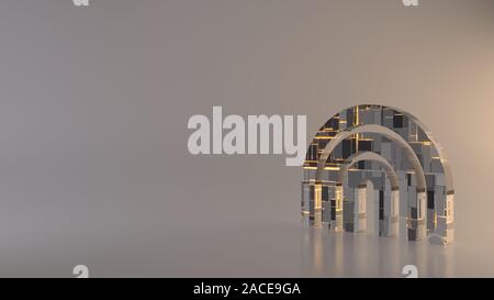 3D-Rendering metal Techno rechteckige Geometrische greeble Symbol des Regenbogens arch Symbol mit leuchtenden Linien mit unscharfen Reflexion auf Licht backgrou Stockfoto