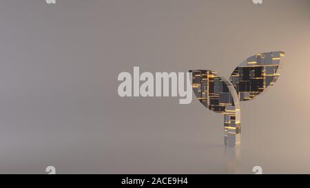 3D-Rendering metal Techno rechteckige Geometrische greeble Symbol der zwei Blätter Symbol mit leuchtenden Linien mit unscharfen Reflexion auf hellen Hintergrund Stockfoto