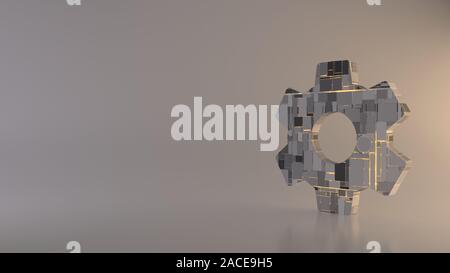 3D-Rendering metal Techno rechteckige Geometrische greeble Symbol der Zahnradbahn Symbol mit leuchtenden Linien mit unscharfen Reflexion auf hellen Hintergrund Stockfoto