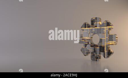 3D-Rendering metal Techno rechteckige Geometrische greeble Symbol der Zahnradbahn Symbol mit leuchtenden Linien mit unscharfen Reflexion auf hellen Hintergrund Stockfoto
