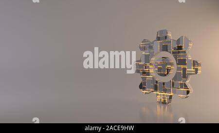 3D-Rendering metal Techno rechteckige Geometrische greeble Symbol der Zahnradbahn Symbol mit leuchtenden Linien mit unscharfen Reflexion auf hellen Hintergrund Stockfoto