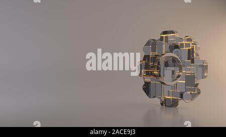 3D-Rendering metal Techno rechteckige Geometrische greeble Symbol der Zahnradbahn Symbol mit leuchtenden Linien mit unscharfen Reflexion auf hellen Hintergrund Stockfoto