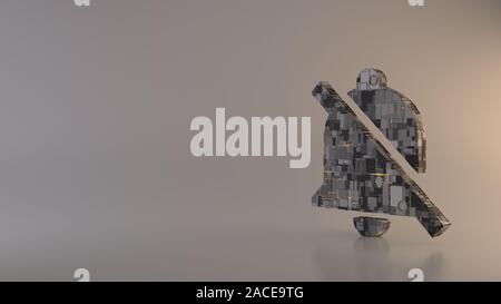 3D-Rendering metal Techno rechteckige Geometrische greeble Symbol der Glocke Schrägstrich Symbol mit leuchtenden Linien mit unscharfen Reflexion auf hellen Hintergrund Stockfoto