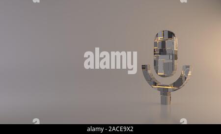 3D-Rendering metal Techno rechteckige Geometrische greeble Symbol Symbol Mikrofon mit leuchtenden Linien mit unscharfen Reflexion auf hellen Hintergrund Stockfoto