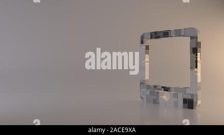 3D-Rendering metal Techno rechteckige Geometrische greeble Symbol der Tablet Symbol mit leuchtenden Linien mit unscharfen Reflexion auf hellen Hintergrund Stockfoto