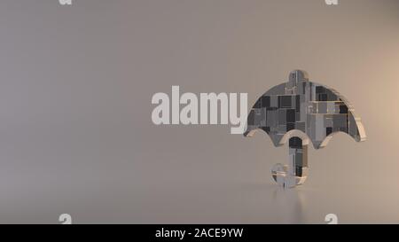 3D-Rendering metal Techno rechteckige Geometrische greeble Symbol der Regenschirm mit Griff Symbol mit leuchtenden Linien mit unscharfen Reflexion auf Licht Stockfoto