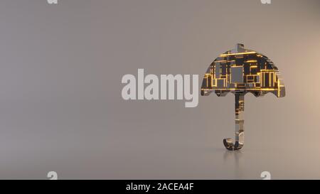 3D-Rendering metal Techno rechteckige Geometrische greeble Symbol der Regenschirm mit dünnen Griff Symbol mit leuchtenden Linien mit unscharfen Reflexion auf l Stockfoto