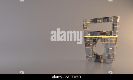 3D-Rendering metal Techno rechteckige Geometrische greeble Symbol aus Glas mit Wasser und Drop Symbol mit leuchtenden Linien mit unscharfen Reflexion auf l Stockfoto