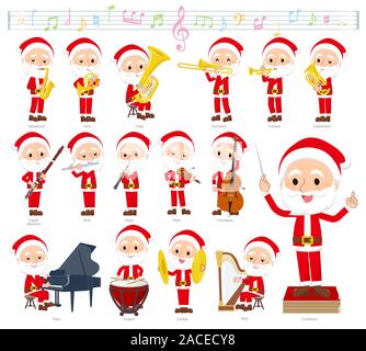 Eine Reihe von Santa Claus auf klassische Musik. Es gibt Aktionen verschiedene Instrumente wie Saiteninstrumente und Blasinstrumente zu spielen." Stock Vektor