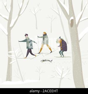 Leute, Ski fahren im Winter schneit Wald Stock Vektor