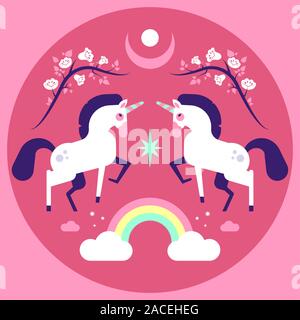 Wunderbar verträumt und flache Design Illustration von floralen und pinky Stimmung Einhorn feier Karte. Stock Vektor