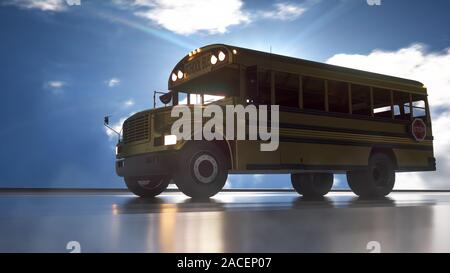 School Bus fahren auf der Straße, Konzept der gehen wieder zur Schule, 3D-Rendering. Stockfoto