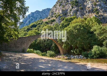 Die Brücke von Agios Vissarionas in Meteora, Thessalien, Griechenland. Die Brücke wurde 1514 errichtet und liegt inmitten einer bemerkenswerten Landschaft Stockfoto