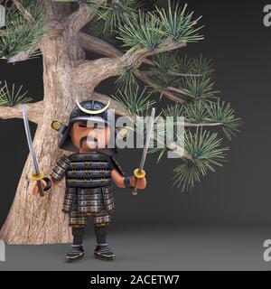 3d Cartoon orientalische Samurai Krieger in traditioneller Rüstung stehen unter einer alten Pinie, 3d-Grafik rendern Stockfoto