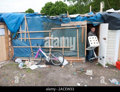 Polizei- und Beamte der Agentur, die Räumung von rumänischen Einwanderer aus einem Elendsviertel auf einem verlassenen Ort an der ehemaligen Hendon United Football Ground in North West London gebaut. Stockfoto