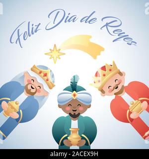 Feliz Dia de Reyes. Happy Day der Könige in Spanisch. Cute Veranschaulichung der Drei Könige oder Drei Weisen und der fallende Stern von Bethlehem. Vektor il Stock Vektor