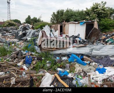 Polizei- und Beamte der Agentur, die Räumung von rumänischen Einwanderer aus einem Elendsviertel auf einem verlassenen Ort an der ehemaligen Hendon United Football Ground in North West London gebaut. Stockfoto