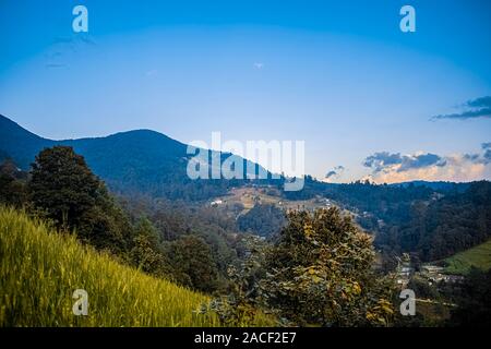 Paisaje hermoso de atardecer con bosques y siembras de trigo y montañas de cajola Quetzaltenango, casas de personas en el valle Stockfoto
