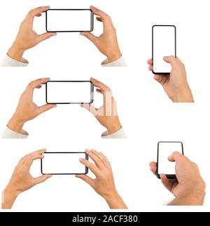 Einstellen der männlichen und weiblichen Händen mit modernen Smartphone auf Weiß, hohe Auflösung isoliert. Stockfoto