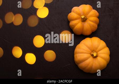 Kürbisse auf Schwarz. Halloween Hintergrund mit Kürbis und Bokeh verschwommen Lichter. Ansicht von oben Stockfoto