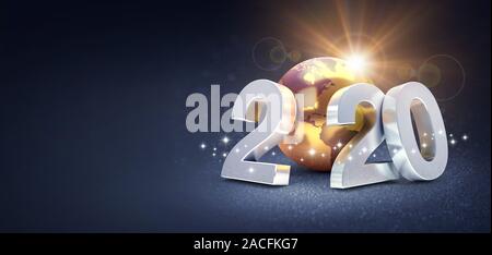 Silber Neu Jahr: 2020 komponiert mit einem gold Planet Erde, auf einem glitzernden schwarzen Hintergrund - 3D-Darstellung Stockfoto