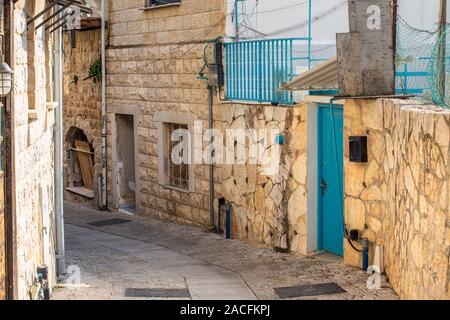 Blau Straßen der heiligen Stadt Safed, Israel. Stockfoto