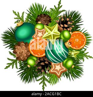 Vector Weihnachtsdekoration mit grünen Kugeln, Tannenzweigen, Pineconen, Sternen, Orangen und Lebkuchenplätzchen isoliert auf weißem Hintergrund. Stock Vektor