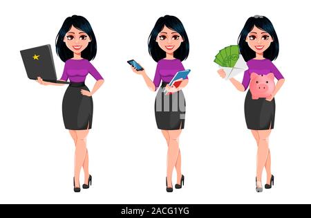 Junge schöne business Frau mit dunklen Haaren, der drei Posen. Cute Geschäftsfrau Zeichentrickfigur holding Laptop, Smartphone und Holding Stock Vektor