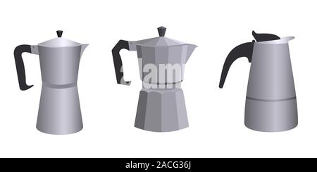Ein Set aus drei verschiedenen Geysir italienische Kaffeemaschinen in einem flachen Stil. Vector Illustration. Stock Vektor