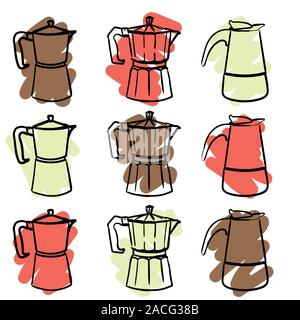Ein Satz von neun bunten Geysir italienische Kaffeemaschinen in ein doodle Stil. Vektor handgezeichnete Illustrationen. Stock Vektor