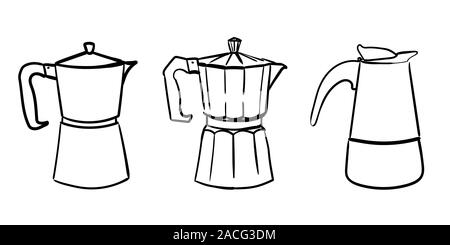 Ein Set mit drei verschiedenen italienischen Geysir doodle Kaffeemaschine. Vektor handgezeichnete Illustrationen. Stock Vektor