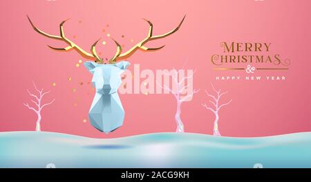 Frohe Weihnachten Frohes Neues Jahr Grußkarte, Low Poly 3d Rentier Kopf mit goldenem Geweih auf empfindlichen Winter Schnee Landschaft. Paper Craft origami Rotwild d Stock Vektor
