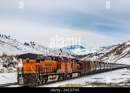 Eine schwere BNSF train mit 9 Loks insgesamt arbeitet sich durch den Osten von theTehachapi Pass an einem verschneiten Tag im Dezember 2019 Stockfoto