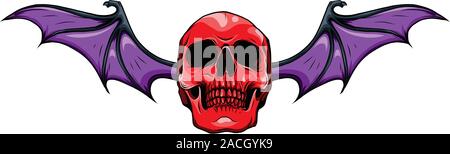 Fanged Skull mit Fledermaus Flügel Schwarz und Weiß Vector Graphic Illustration Symbol Stock Vektor