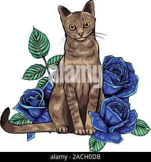 Hand gezeichnet Tinte doodle Katze und Blumen auf weißem Hintergrund. Stock Vektor