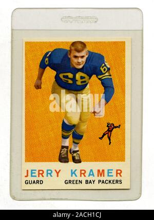 Klassische Fußballkarte mit Jerry Kramer, einem Wächter mit den Green Bay Packers, die Topps 1959 herausgegeben hat Stockfoto