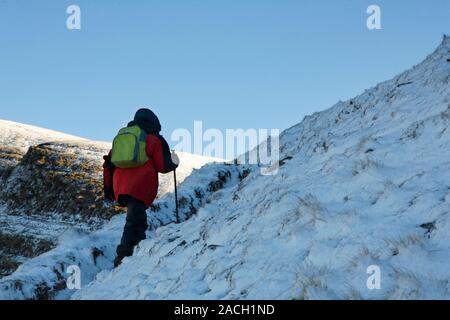 Walker auf der Carmarthen Ventilator im Schnee, South Wales Stockfoto