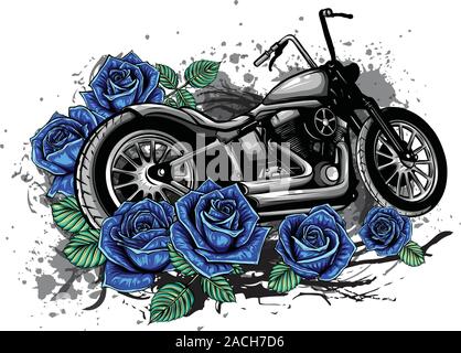 Motorrad Fahrrad mit Rosen und Pfingstrosen, card Frame Stock Vektor