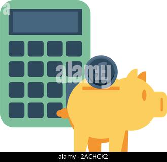Piggy sparen Geld mit Taschenrechner und Pfund Sterling Stock Vektor