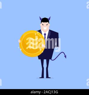 Teufel Geschäftsmann holding Waage Münze in der Hand. Stock Vektor