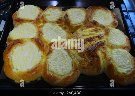 Leckere hausgemachte Kuchen aus natürlichen Zutaten hergestellt, hausgemachter Käsekuchen mit Korbmöbeln und Quark sind auf einem braunen Backblech befindet. Stockfoto