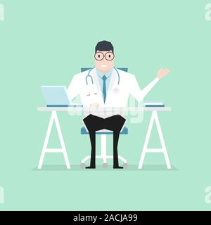 Arzt setzte sich an den Schreibtisch Flat Style. Praktizierender Arzt Mann im Krankenhaus medizinische Büro. Beratung und Diagnose. Stock Vektor