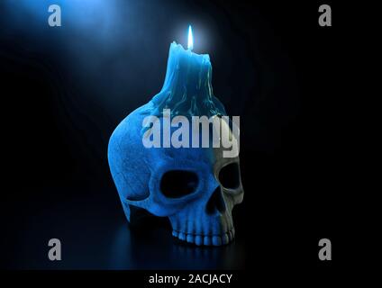 Eine makabre Konzept zeigt einen menschlichen Schädel, gekrönt mit einem Schmelzpunkt Kerze mit einer blauen Flamme auf einem isolierten dunklen Studio Hintergrund - 3D-Rendering Stockfoto