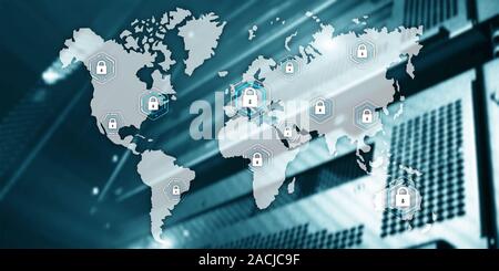 Globale Cyber Security Konzept Kommunikation Datenschutz Serverraum Hintergrund. Stockfoto