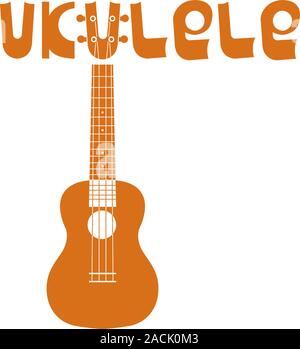 Ukulele Hawaiian guitar. Beschriftung des Wortes Ukulele. String Musikinstrument. Einfache braune Vector Illustration Stock Vektor