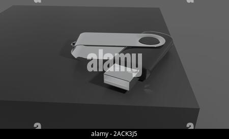 3D-Rendering eines Schwarzen usb-stick in dunklen Studio Hintergrund Stockfoto