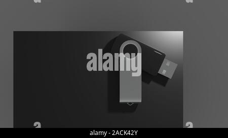 3D-Rendering eines Schwarzen usb-stick in dunklen Studio Hintergrund Stockfoto