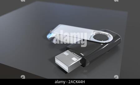 3D-Rendering eines Schwarzen usb-stick in dunklen Studio Hintergrund Stockfoto